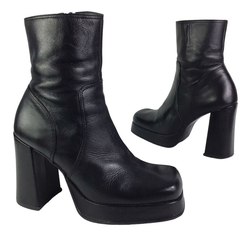 Steve Madden Black Leather Platform Block Heel Boots